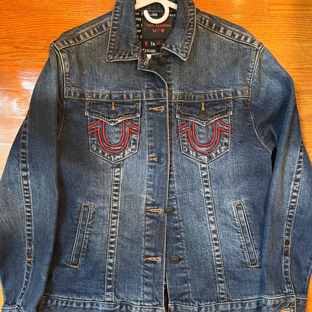 True Religion Blue Denim Trucker Jacket with Red Stitching